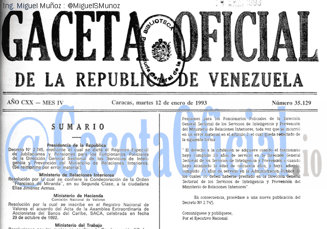 Gaceta Oficial 35129 del 12 Enero 1993