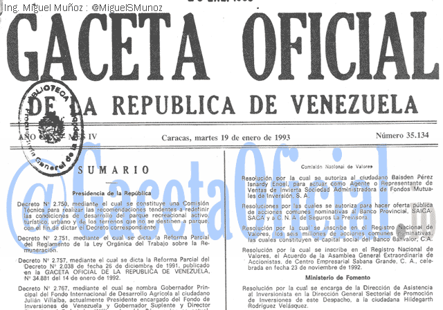 Gaceta Oficial 35134 del 19 Enero 1993