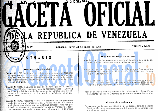 Gaceta Oficial 35136 del 21 Enero 1993