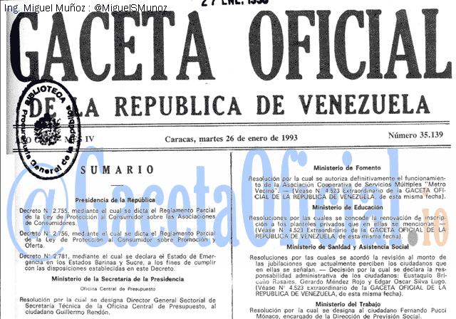 Gaceta Oficial 35139 del 26 Enero 1993