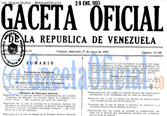 Gaceta Oficial 35140 del 27 Enero 1993