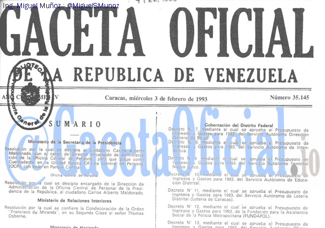 Gaceta Oficial 35145 del 3 Febrero 1993