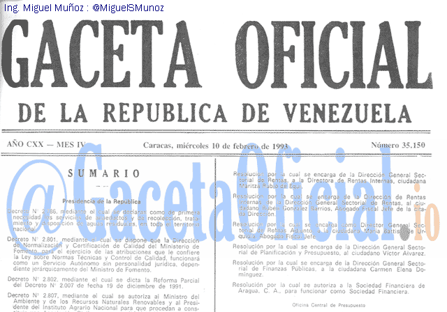 Gaceta Oficial 35150 del 10 Febrero 1993