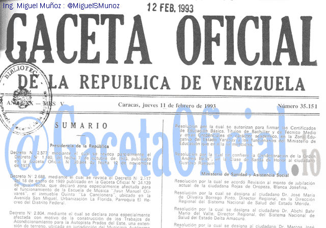 Gaceta Oficial 35151 del 11 Febrero 1993