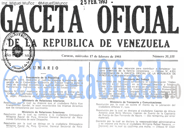 Gaceta Oficial 35155 del 17 Febrero 1993