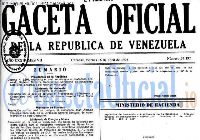 Gaceta Oficial 35192 del 16 Abril 1993