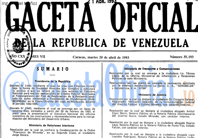 Gaceta Oficial 35193 del 20 Abril 1993