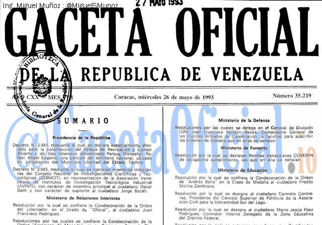 Gaceta Oficial 35219 del 26 Mayo 1993