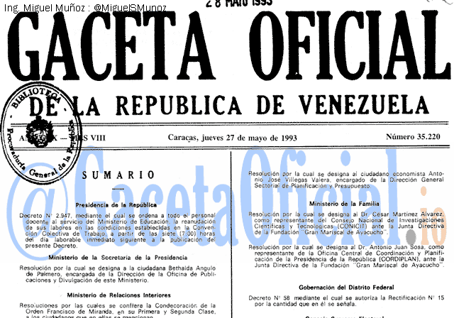 Gaceta Oficial 35220 del 27 Mayo 1993