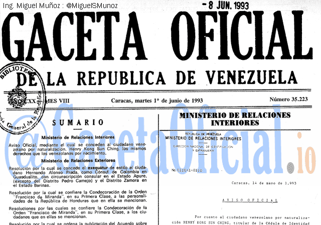 Gaceta Oficial 35223 del 1 Junio 1993
