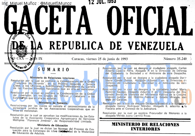 Gaceta Oficial 35240 del 25 Junio 1993