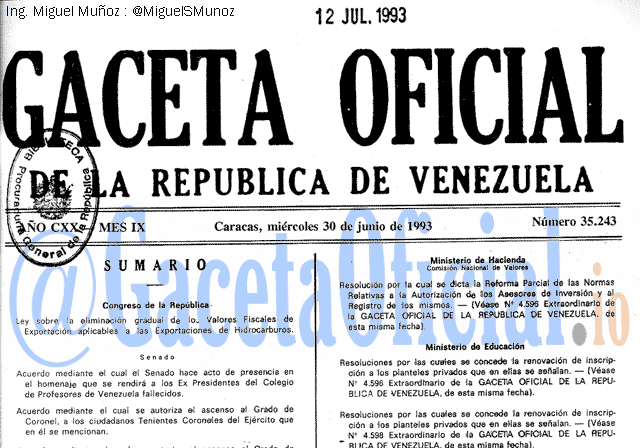 Gaceta Oficial 35243 del 30 Junio 1993
