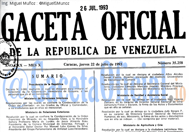Gaceta Oficial 35258 del 22 Julio 1993
