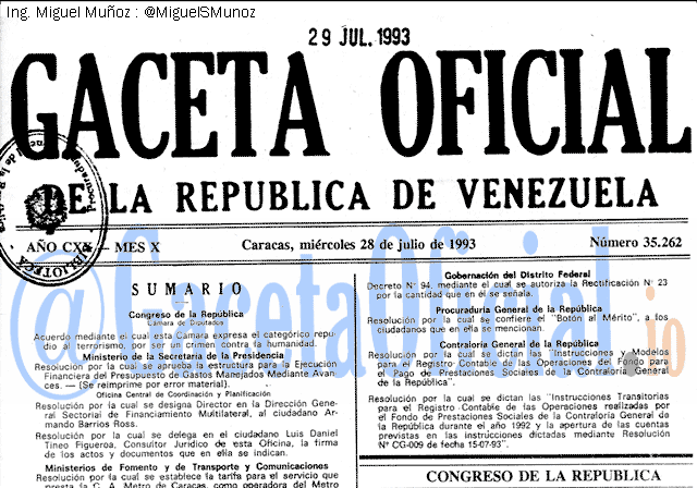 Gaceta Oficial 35262 del 28 Julio 1993