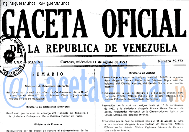 Gaceta Oficial 35272 del 11 Agosto 1993