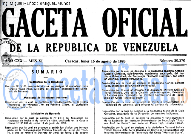 Gaceta Oficial 35275 del 16 Agosto 1993