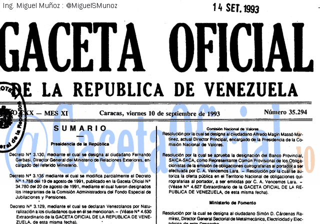 Gaceta Oficial 35294 del 10 Septiembre 1993