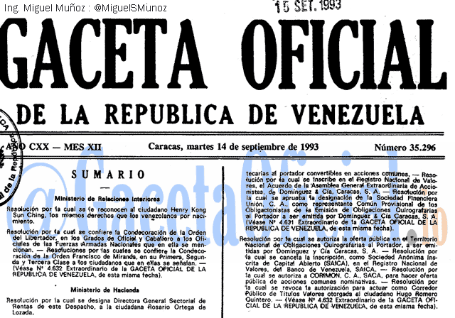 Gaceta Oficial 35296 del 14 Septiembre 1993