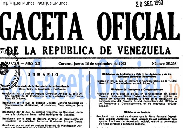 Gaceta Oficial 35298 del 16 Septiembre 1993