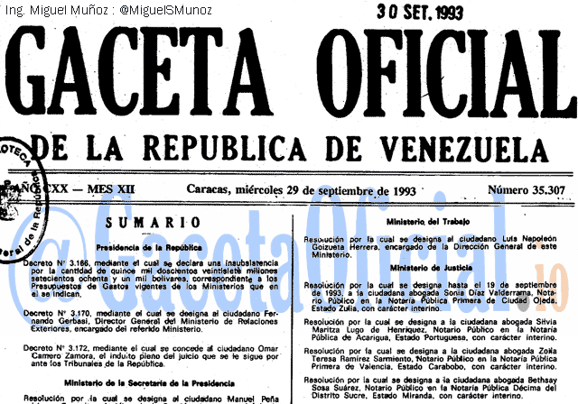 Gaceta Oficial 35307 del 29 Septiembre 1993