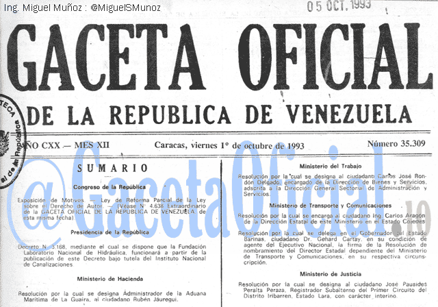 Gaceta Oficial 35309 del 1 Octubre 1993