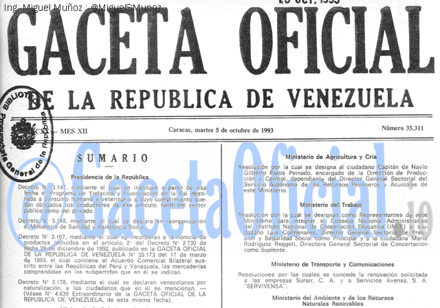 Gaceta Oficial 35311 del 5 Octubre 1993