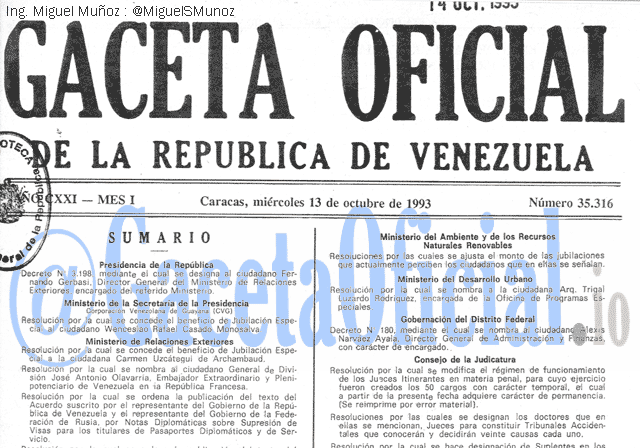 Gaceta Oficial 35316 del 13 Octubre 1993