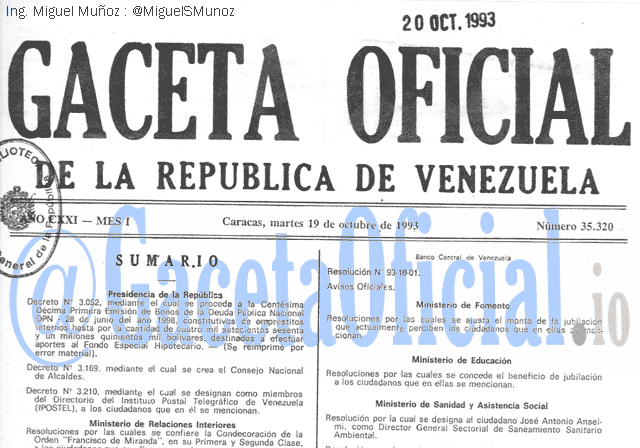 Gaceta Oficial 35320 del 19 Octubre 1993