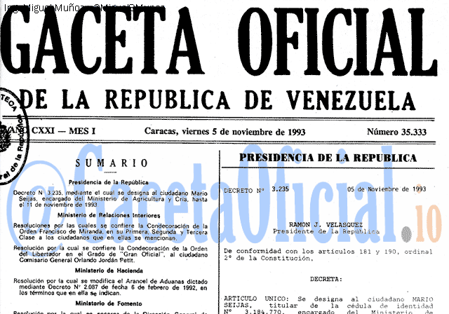 Gaceta Oficial 35333 del 5 Noviembre 1993
