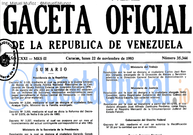 Gaceta Oficial 35344 del 22 Noviembre 1993