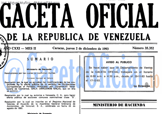 Gaceta Oficial 35352 del 2 Diciembre 1993