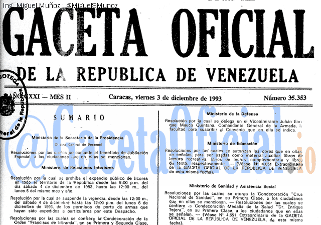 Gaceta Oficial 35353 del 3 Diciembre 1993