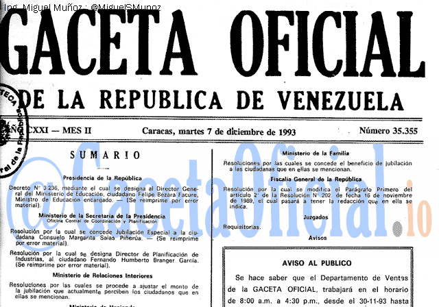 Gaceta Oficial 35355 del 7 Diciembre 1993