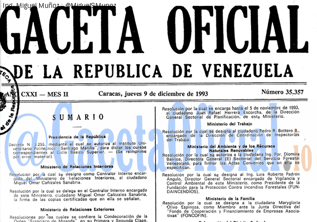 Gaceta Oficial 35357 del 9 Diciembre 1993