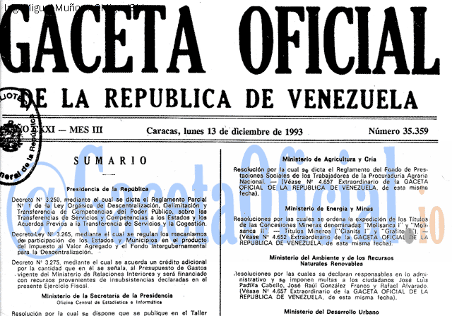 Gaceta Oficial 35359 del 13 Diciembre 1993