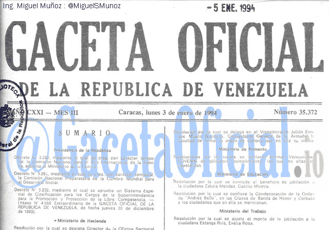 Gaceta Oficial 35372 del 3 Enero 1994