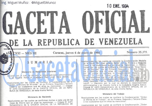Gaceta Oficial 35375 del 6 Enero 1994