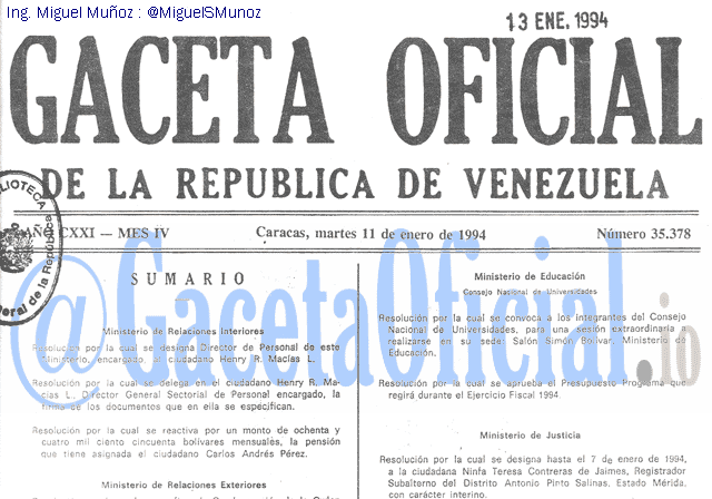 Gaceta Oficial 35378 del 11 Enero 1994