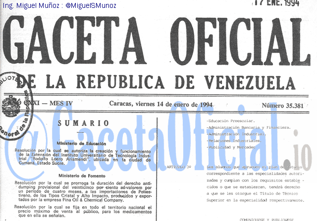 Gaceta Oficial 35381 del 14 Enero 1994