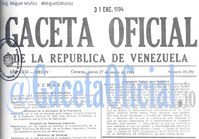 Gaceta Oficial 35390 del 27 Enero 1994