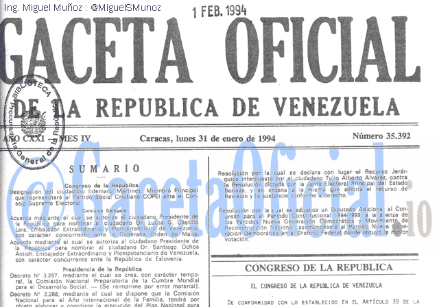 Gaceta Oficial 35392 del 31 Enero 1994