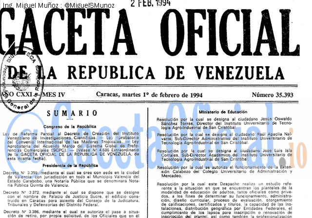 Gaceta Oficial 35393 del 1 Febrero 1994