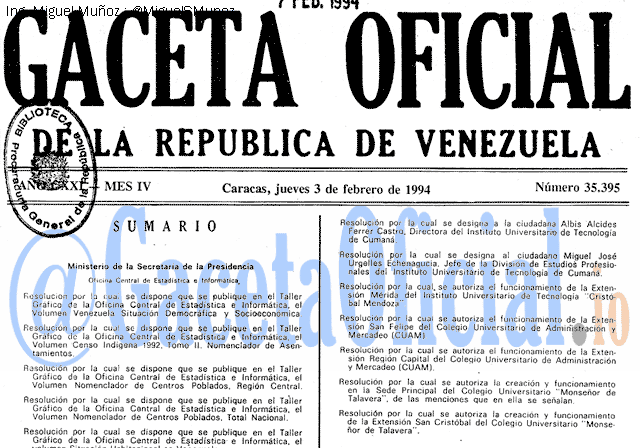 Gaceta Oficial 35395 del 3 Febrero 1994