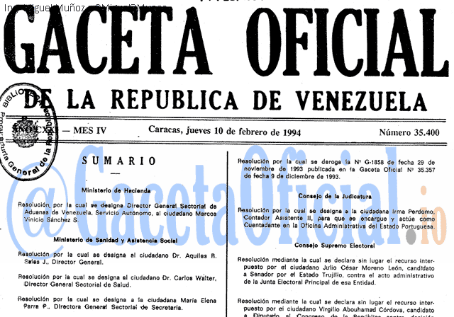 Gaceta Oficial 35400 del 10 Febrero 1994
