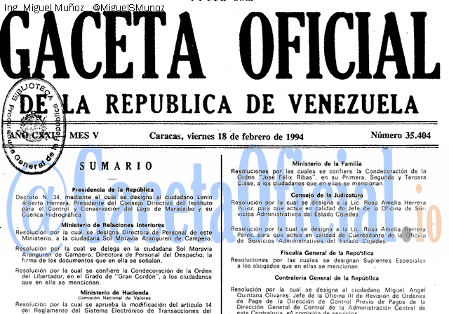 Gaceta Oficial 35404 del 18 Febrero 1994