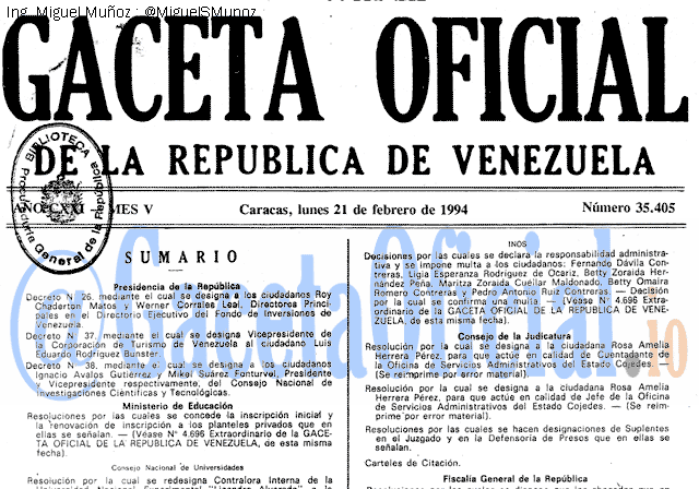 Gaceta Oficial 35405 del 21 Febrero 1994