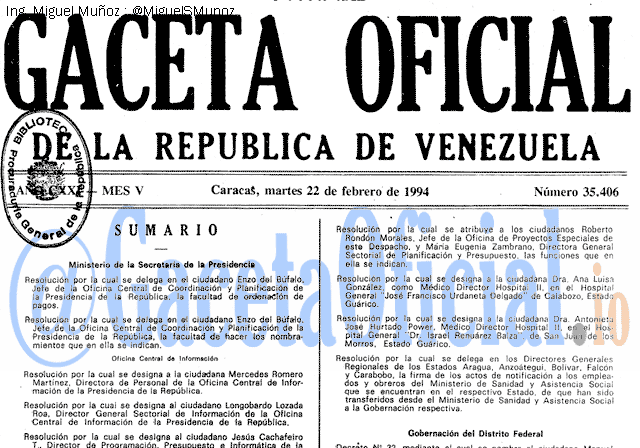 Gaceta Oficial 35406 del 22 Febrero 1994