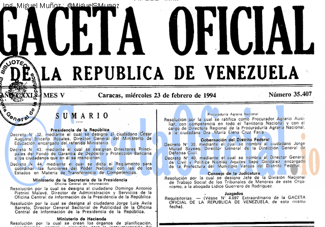 Gaceta Oficial 35407 del 23 Febrero 1994