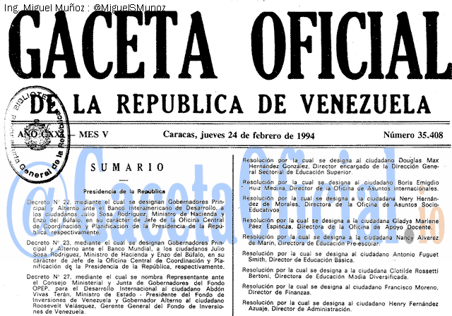 Gaceta Oficial 35408 del 24 Febrero 1994