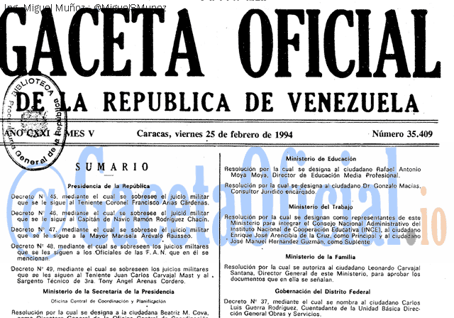 Gaceta Oficial 35409 del 25 Febrero 1994